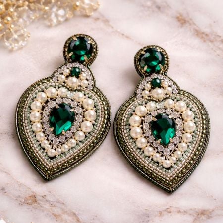 Handmade Jewelry Emerald Pearl Drop Earrings
